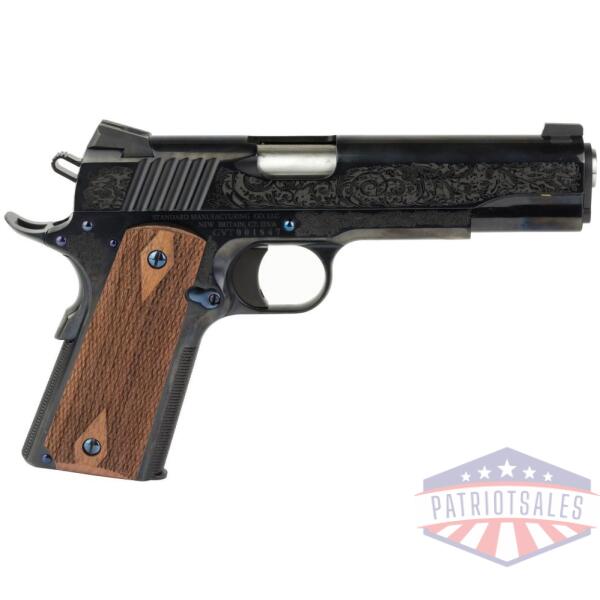 standard mfg 1911 handgun .45 acp 7rd magazine 5" barrel black and royal blue engraving with brown grips