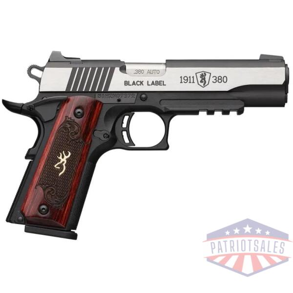 browning 1911 380 black label medallion pro handgun 380 acp 8rd magazine 3.625" barrel black with silver slide and wood grip 3-dot sights accessory rail