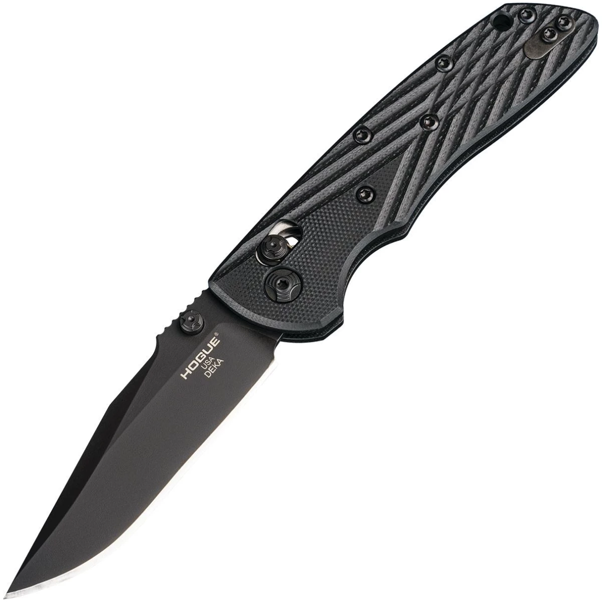 Jn24276. Jpg - hogue deka 3. 25" able lock folder clip point blade blk finish g-10 - solid blk - jn24276