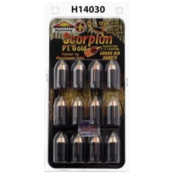 harvester muzzleloading scorpion pt gold premium polymer tip muzzleloader bullets 50 cal. sabot 300 gr .451" polymer tip bullet 12/pk