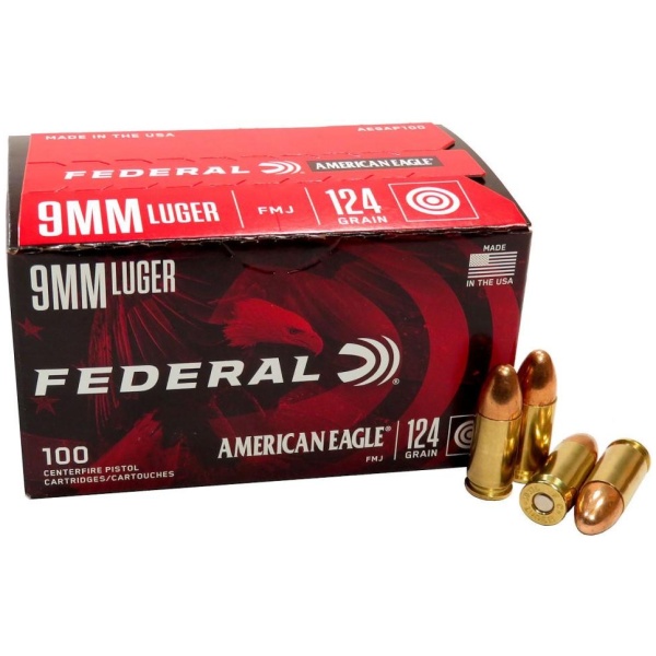 Federal American Eagle Handgun Ammo 9mm Luger 124 gr FMJ 1150 fps 100/ct