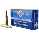 PPU Rifle Ammunition .243 Win 90 gr SP 3100 fps  20/ct