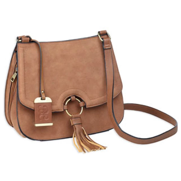BULLDOG CROSS BODY PURSE CAMEL SUEDE