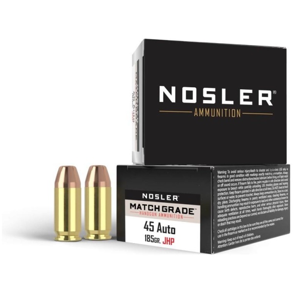 Nosler Match Grade Handgun Ammo .45 ACP 185 gr JHP 20/box