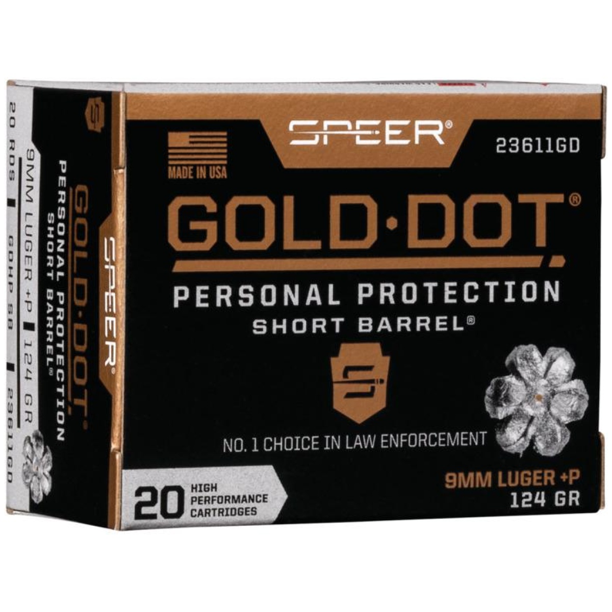 Sp23611gd. Jpg - speer gold dot short barrel handgun ammunition 9mm luger (+p) 124 gr hp 1150 fps 20/ct - sp23611gd
