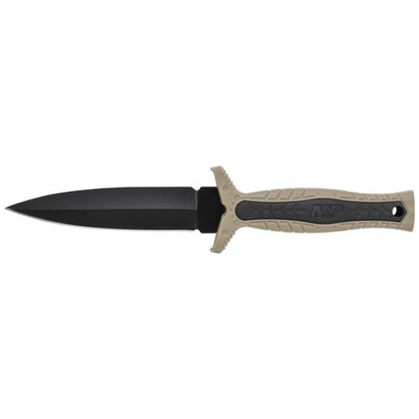M&P Fixed Blade Boot Knife, Spear Point False Edge Blade, Rubberized Handle w/Brown Rubber Insert