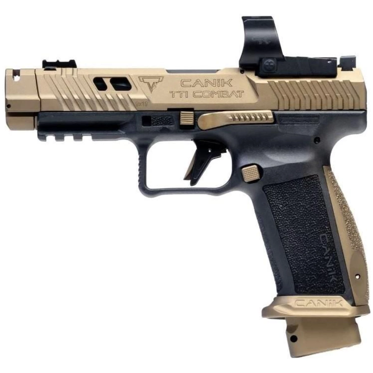 Canik tti combat handgun 9mm luger 18rd magazines (2) 4. 6" barrel black and bronze with mecanik m03 optic - image 1