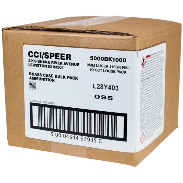 CCI Blazer Brass Handgun Ammunition 9mm Luger 115 gr FMJ 1145 fps 1000/ct Loose Pack