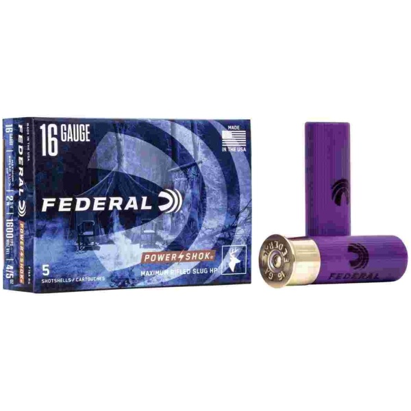Federal Power-Shok Rifled Slug 16 ga 2 3/4" MAX 4/5 oz Slug 1600 fps - 5/box
