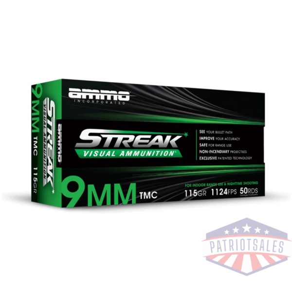 Ammo Inc Streak Handgun Ammunition 9mm Luger Green 115gr TMJ 1124 fps 50/ct