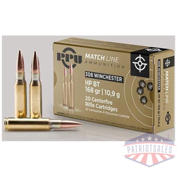 PPU Match Rifle Ammunition .308 Win Match 168 gr HPBT 2610 fps 20/ct