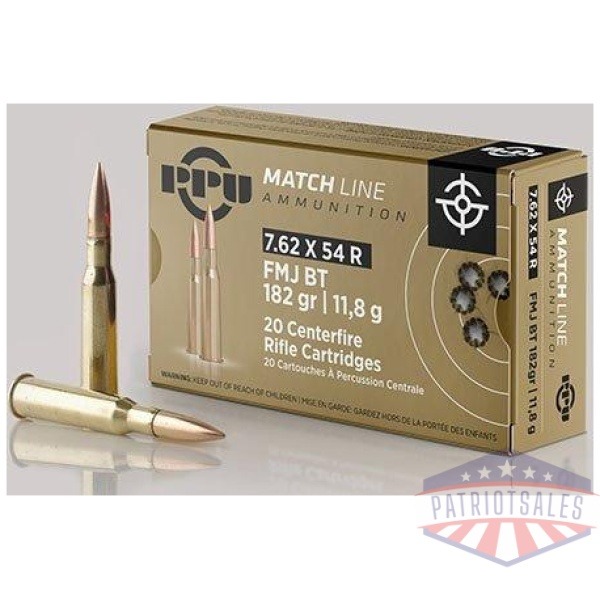 PPU Match Rifle Ammunition 7.62mm x 54R Match 182 gr FMJ-BT 2625 fps 20/ct
