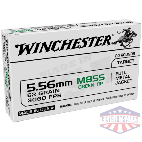 Winchester USA Lake City M855 Green Tip Rifle Ammunition 5.56mm 62 gr. FMJ 3060 fps 20/ct