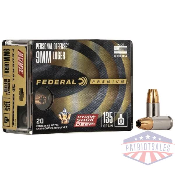 Federal Premium Hydra-Shok Deep Handgun Ammunition 9mm Luger 135gr HP 1060 fps 20/ct