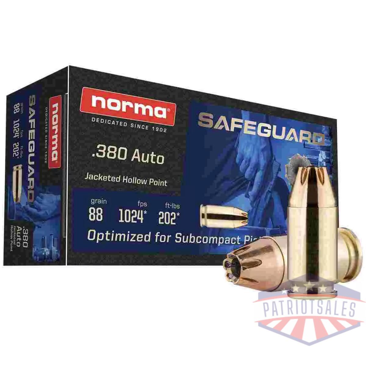 Norma safeguard handgun ammunition. 380 auto 88gr jhp 1024 fps 50/ct - image 1
