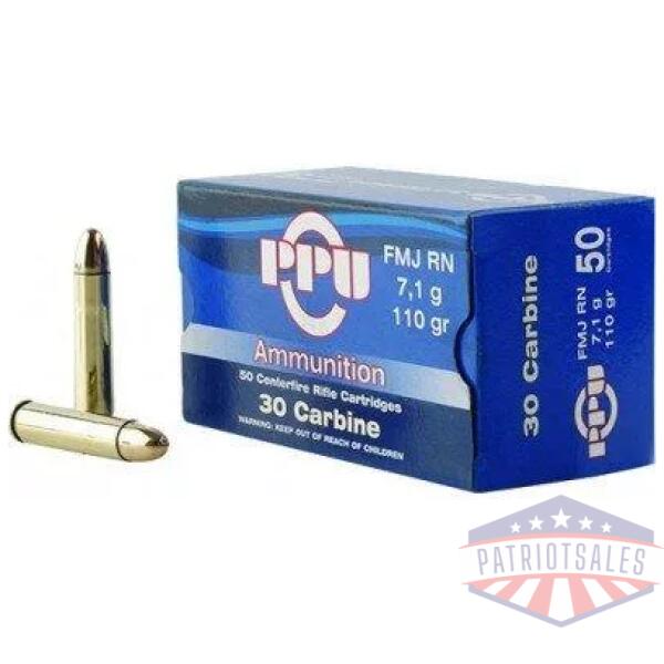 PPU Rifle Ammunition .30 Carbine 110 gr FMJ-RN 1990 fps 50/ct