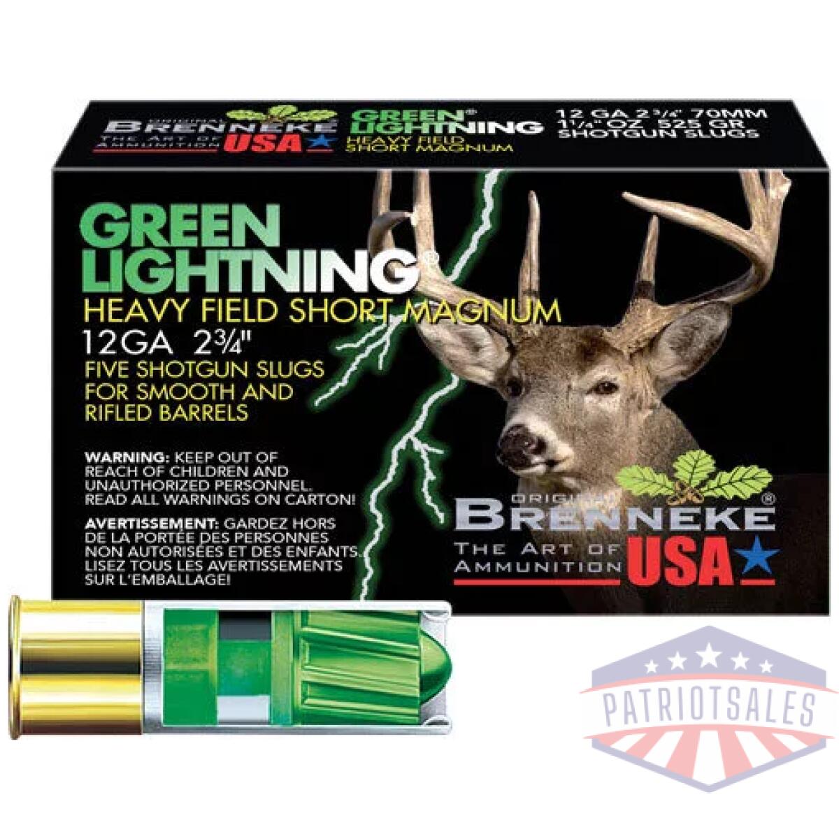 A1207825_1. Webp - brenneke usa green lightning - 12ga 2. 75" 1-1/4oz 5rd 50bx/cs - a1207825 1