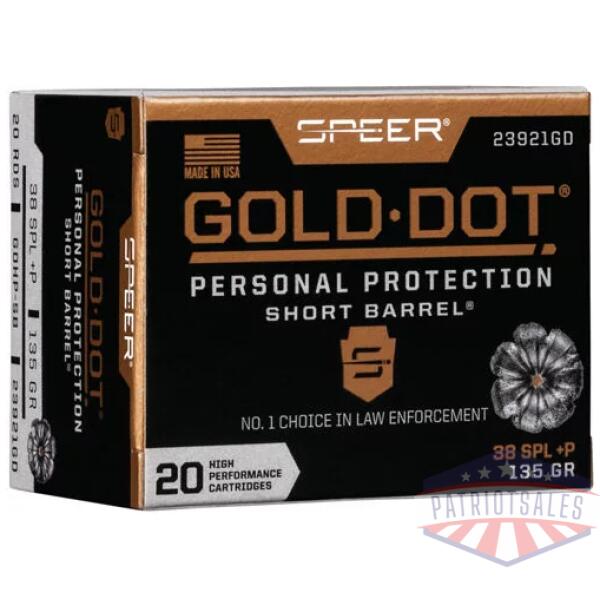 SPEER GOLD DOT 38 SPECIAL+P - 135GR SHORT BARREL 20RD 10BX/C