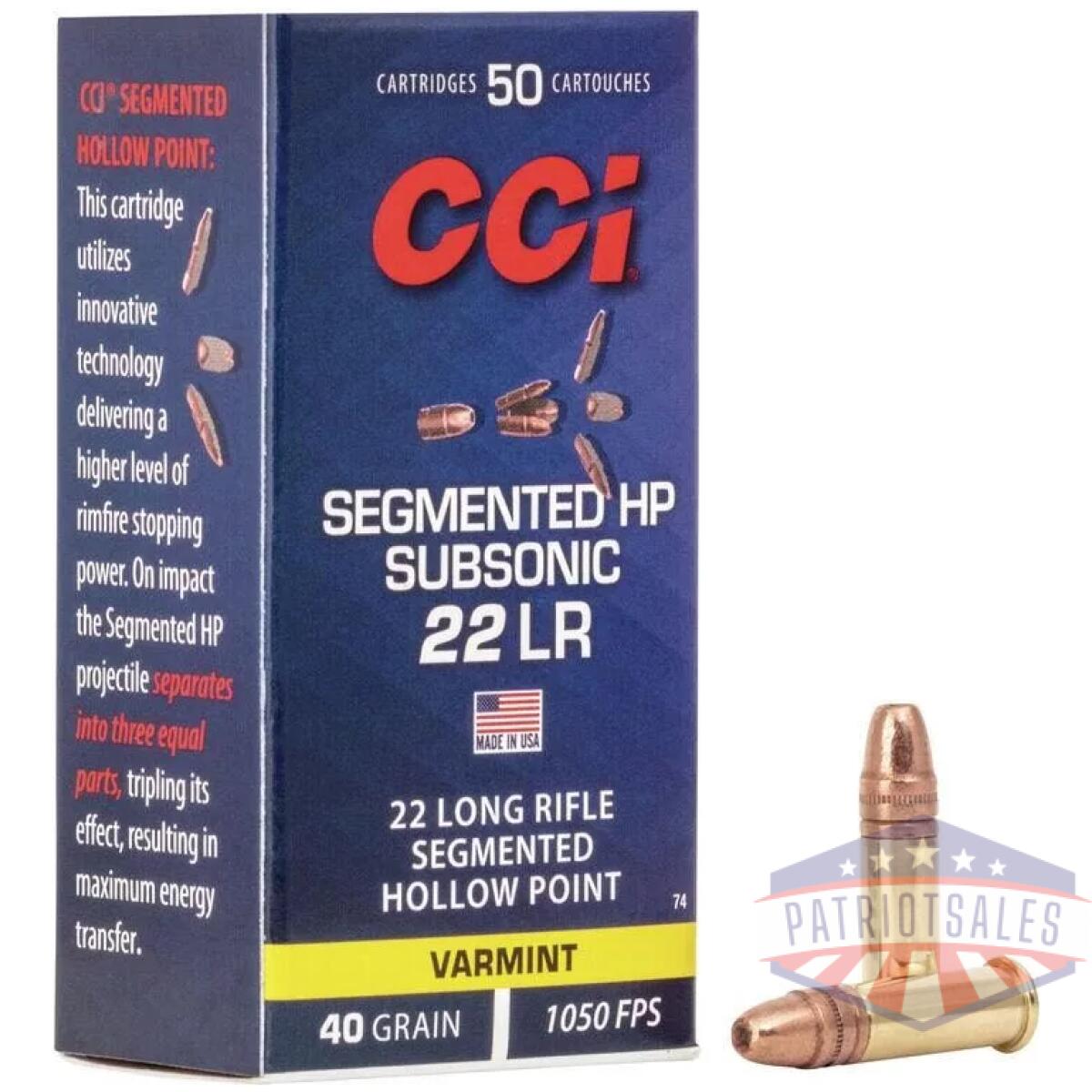Cci segmented hp subsonic rimfire ammunition. 22 lr 40 gr 1050 fps 50/ct - image 1