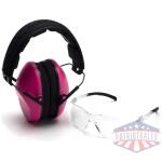 Pyramex Low Profile Combo Kit Passive Pink Ear Muff 24dB Clear Shooting Glasses Clear with Clear Lens