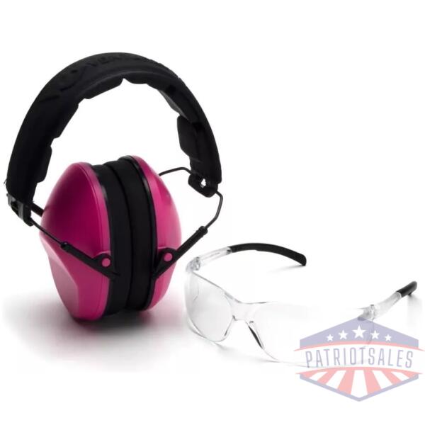 Pyramex Low Profile Combo Kit Passive Pink Ear Muff 24dB Clear Shooting Glasses Clear with Clear Lens