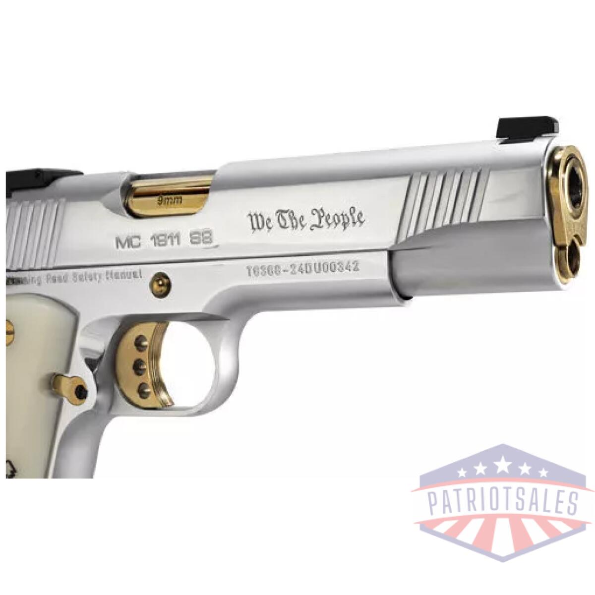 G391061_wtp-closeup - girsan mc1911s we the people - 9mm govt 5" chrome/gold 9rd - g391061 wtp closeup