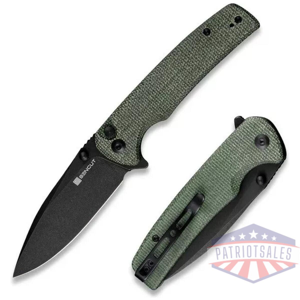 Sn-s21007-2 - sachse flipper/thumb stud folding knife 3. 47"" black 9cr18mov drop point plain edge blade, green micarta handle - sn s21007 2