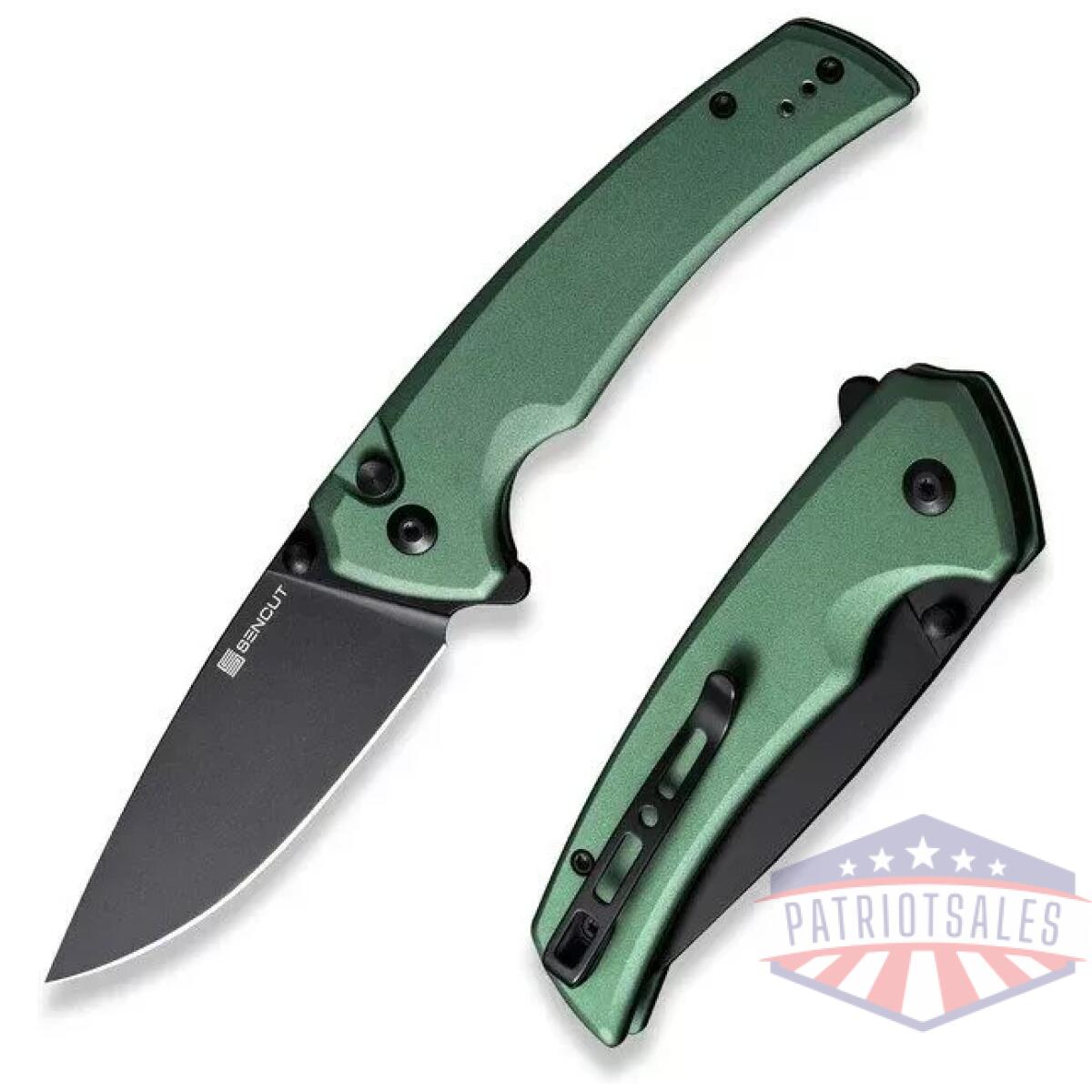 Sn-s21022b-5 - serene flipper/thumb stud folding knife 3. 48"" black d2 drop point plain edge blade, green aluminum handle - sn s21022b 5