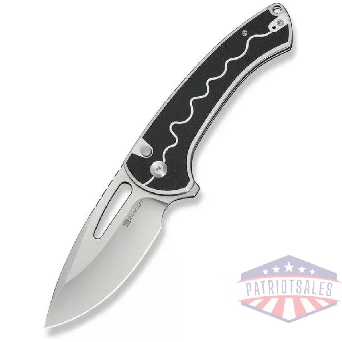 Sn-s24082a-1 - sencut squiggy flipper & thumb hole & button lock knife white / black g10 handle - sn s24082a 1