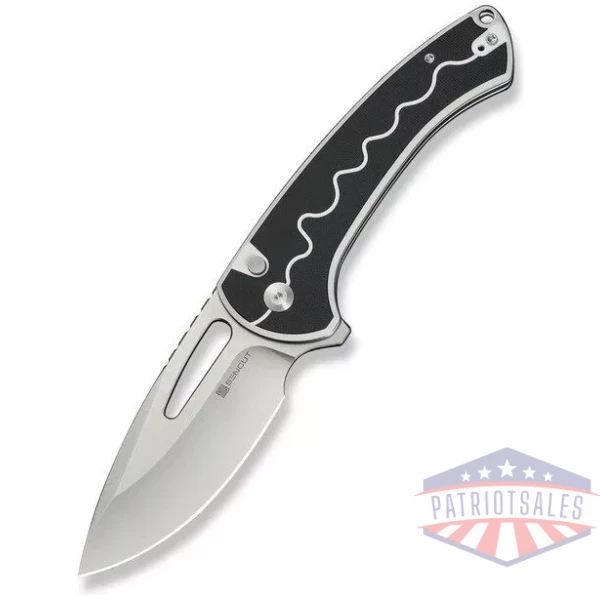 SENCUT Squiggy Flipper & Thumb Hole & Button Lock Knife White / Black G10 Handle