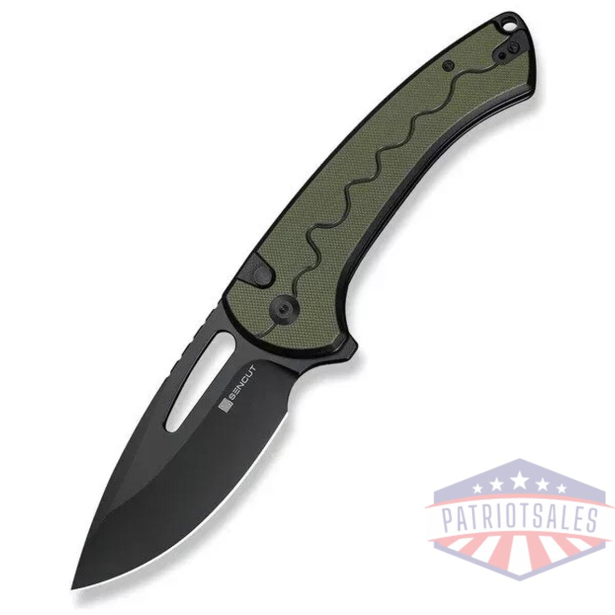 Sn-s24082a-2 - sencut squiggy flipper & thumb hole & button lock knife black / green g10 handle - sn s24082a 2