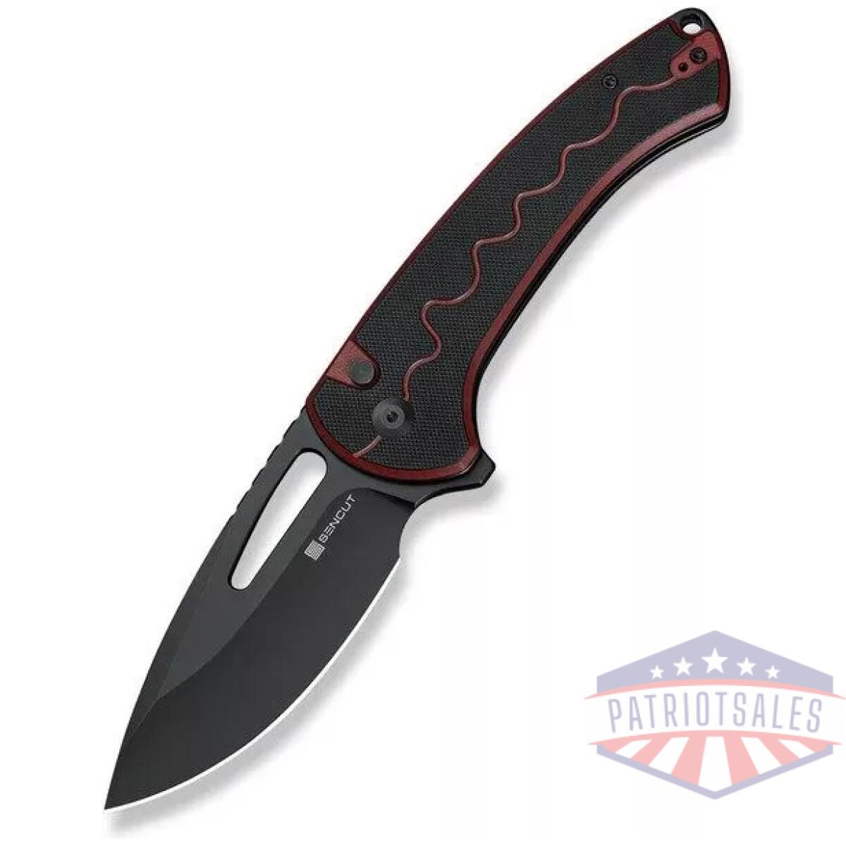 Sn-s24082a-3 - sencut squiggy flipper & thumb hole & button lock knife burgundy / black g10 handle - sn s24082a 3