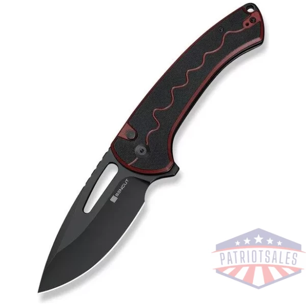 SENCUT Squiggy Flipper & Thumb Hole & Button Lock Knife Burgundy / Black G10 Handle
