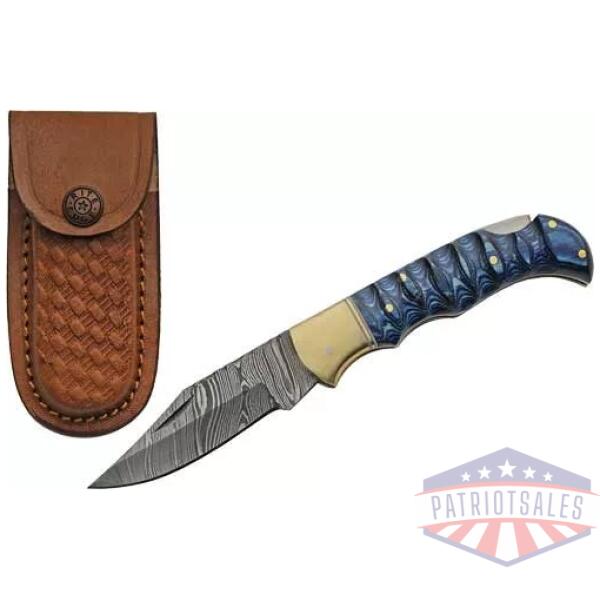 SZCO RITE EDGE 3" BLUE GROOVED - WOOD DAMASCUS LOCKBACK W/SHTH