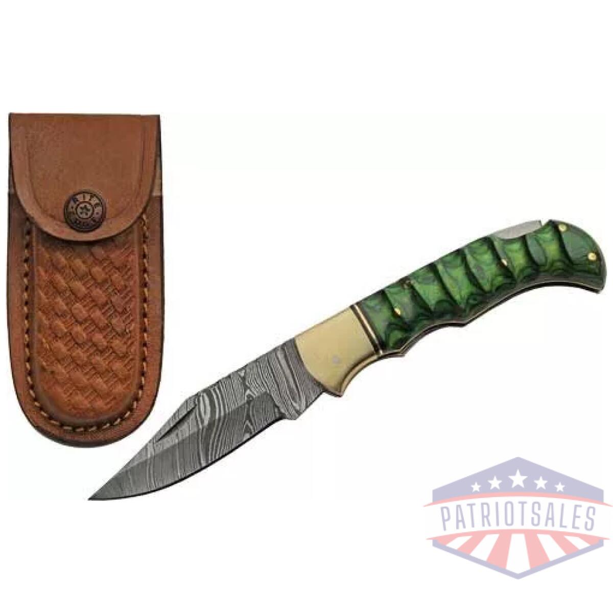 Dm1303gn - szco rite edge 3" green - grooved wood damascus lockback - dm1303gn