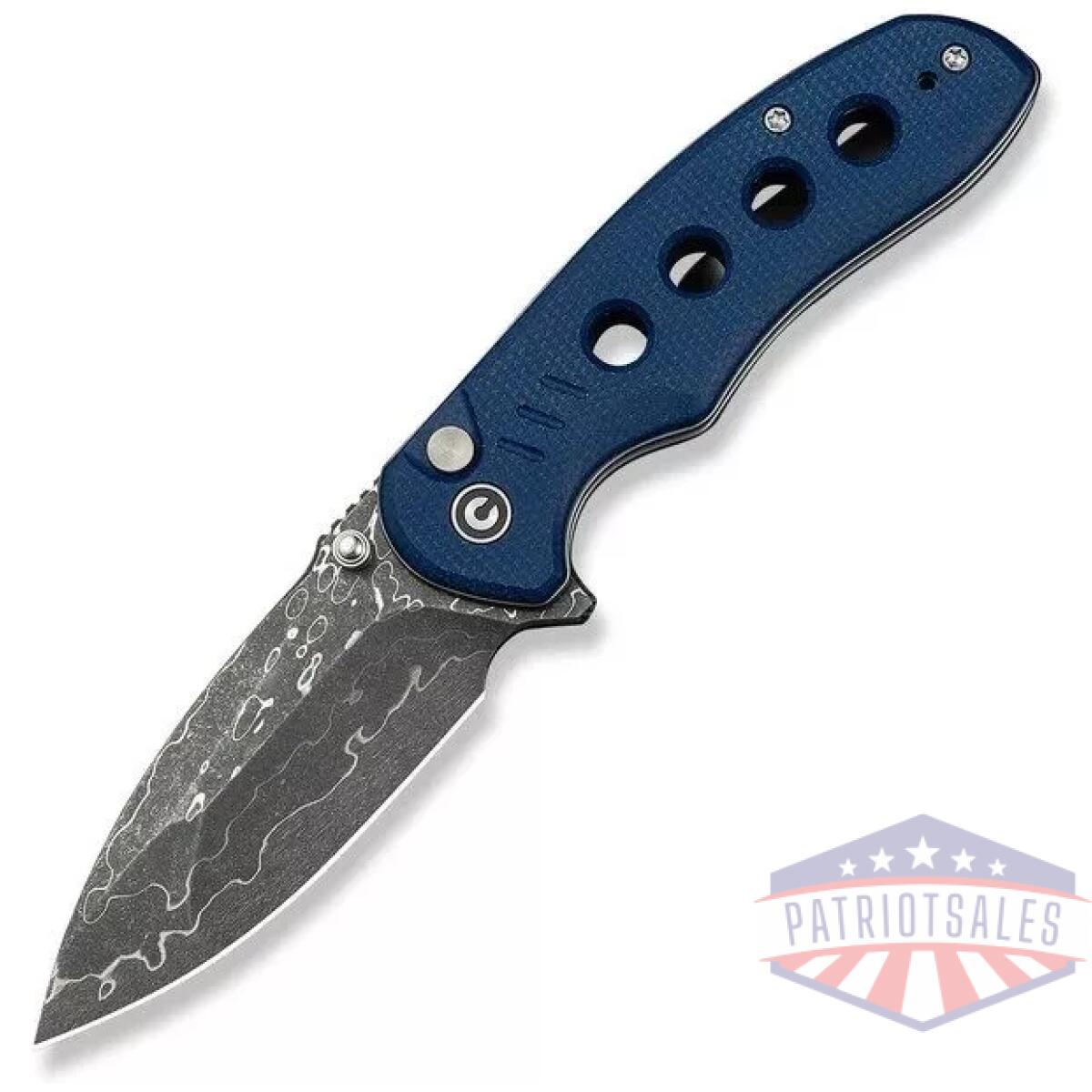 Civ-c23085b-ds1 - civivi triptych flipper & thumb stud & button lock knife blue canvas micarta handle (2. 97"" damascus blade) - civ c23085b ds1