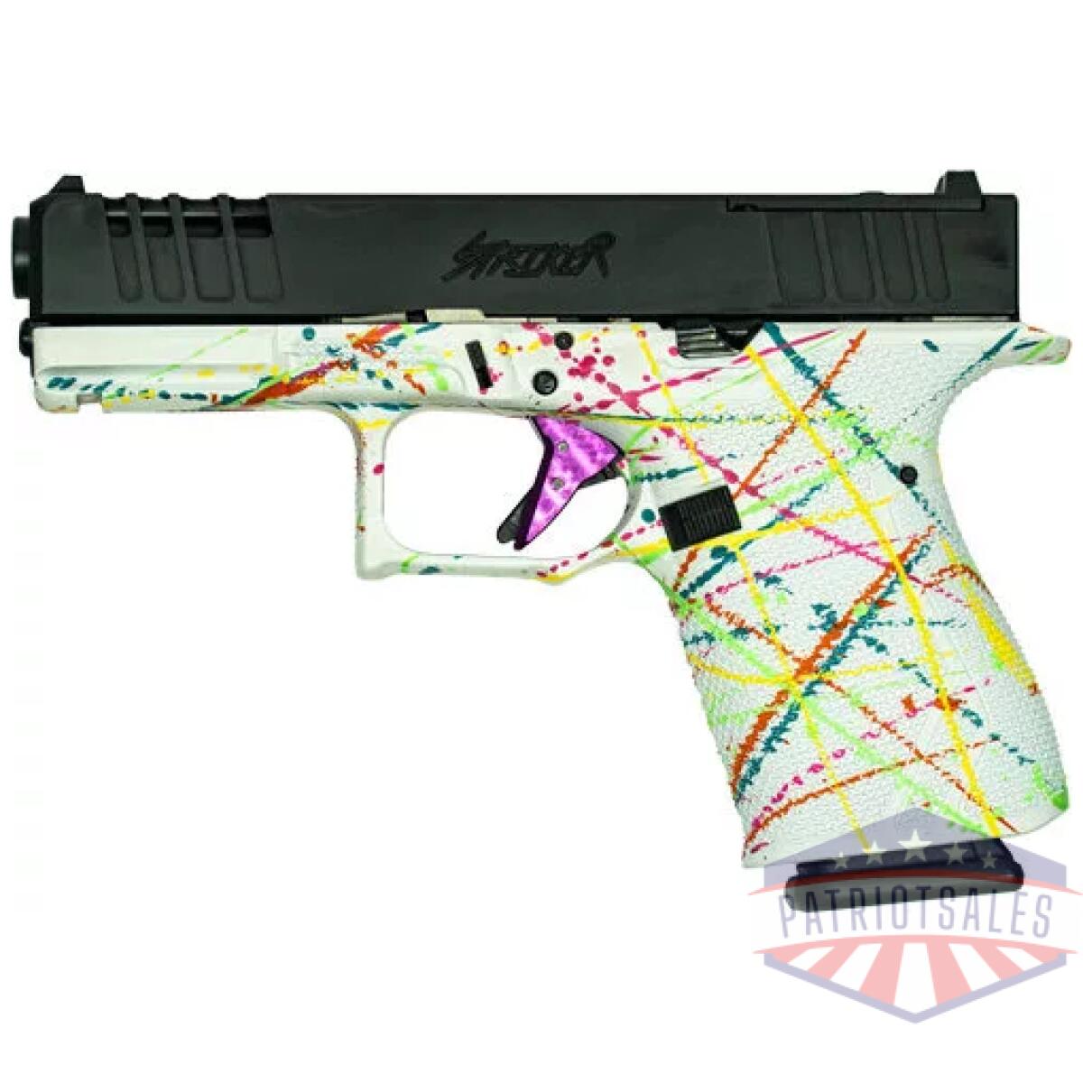 Gl19swht_left - glfa 19 striker 9mm 4" 15 shot - blk slide splatter white frame - gl19swht left