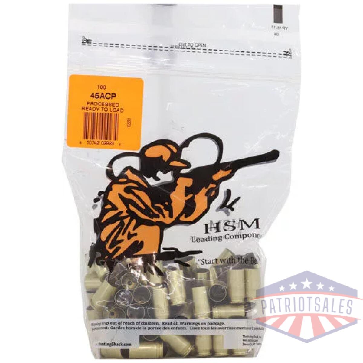 Hsm45acprtl - hsm brass 45 acp once fired - unprimed 100 pack - hsm45acprtl