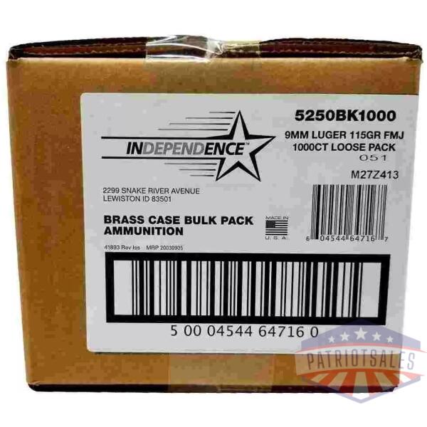 CCI Independence Handgun Ammunition 9mm Luger 115 gr FMJ 1145 fps 1000/ct (Loose Pack)