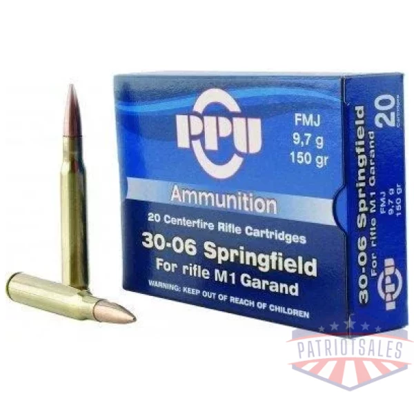 PPU Rifle Ammunition .30-06 Sprg 150 gr FMJ 1990 fps 20/ct