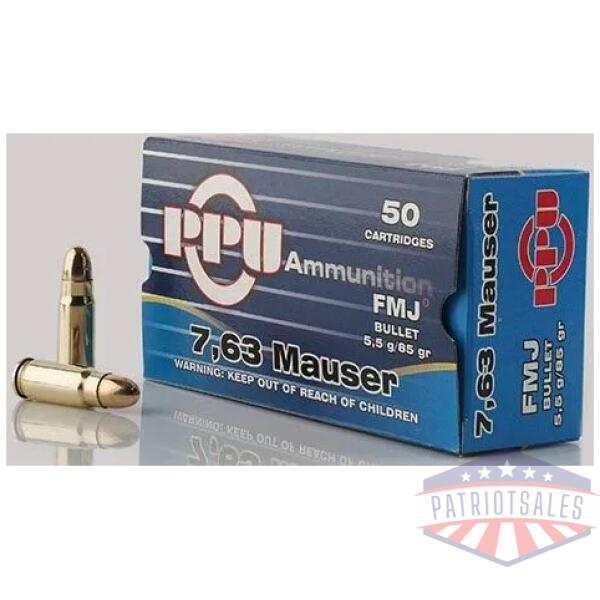 PPU Handgun Ammunition 7.63mm Mauser 85 gr FMJ 1510 fps 50/ct