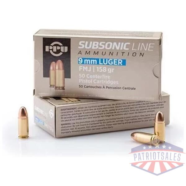 PPU Subsonic Handgun Ammunition 9mm Luger FMJ 158 gr 950 fps 50/ct