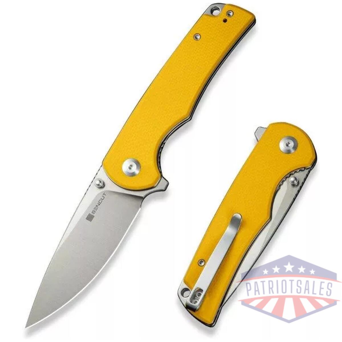 Praktisk flipper/thumb stud folding knife 3. 59"" satin 9cr18mov drop point plain edge blade, yellow g10 handle - image 1