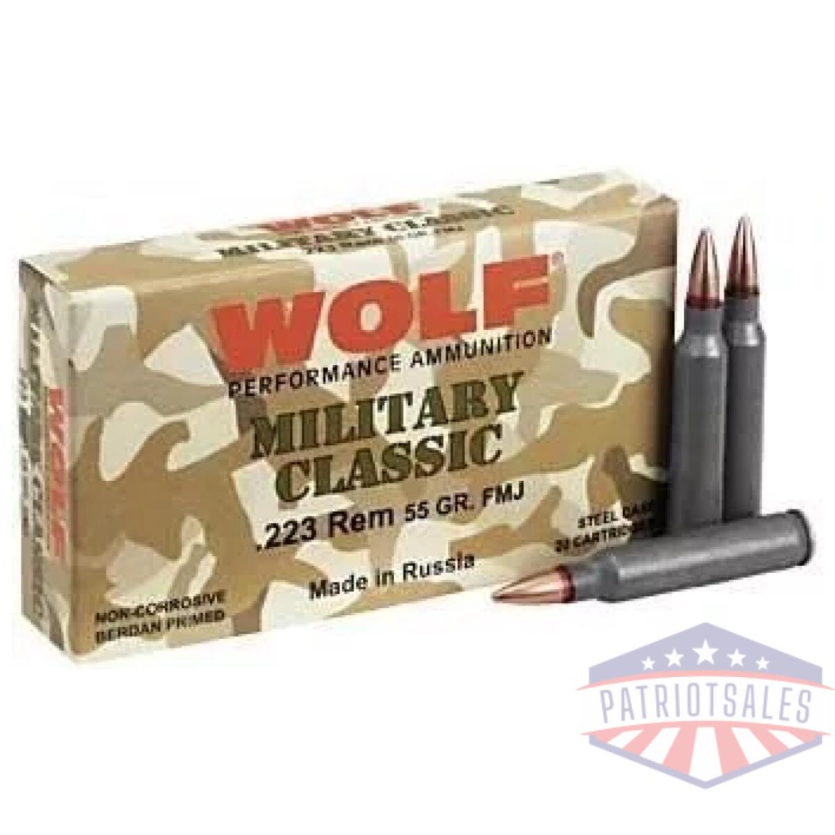 Wolf military classic rifle ammunition. 223 rem 55 gr fmj 3241 fps - 20/box - image 1