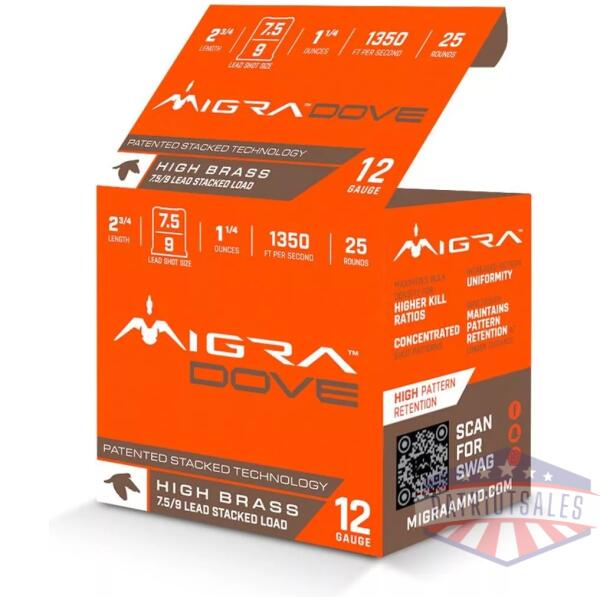 Migra Ultimate Dove Hi-Brass Lead Shotshells 12ga 2-3/4" 1-1/4oz 1350 fps 1350 fps #7.5 & 9 Shot 25/ct