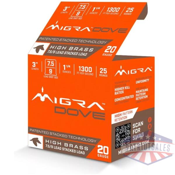 Migra Ultimate Dove Hi-Brass Lead Shotshells 20ga 3" 1-1/4oz  #7.5 & 9 Shot 25/ct