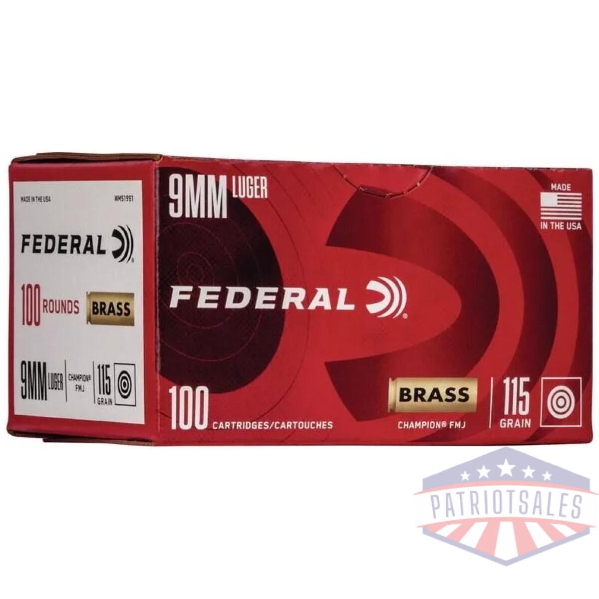 Federal champion training handgn ammuntion 9mm luger 115 gr fmj 1125 fps 100/ct - image 1