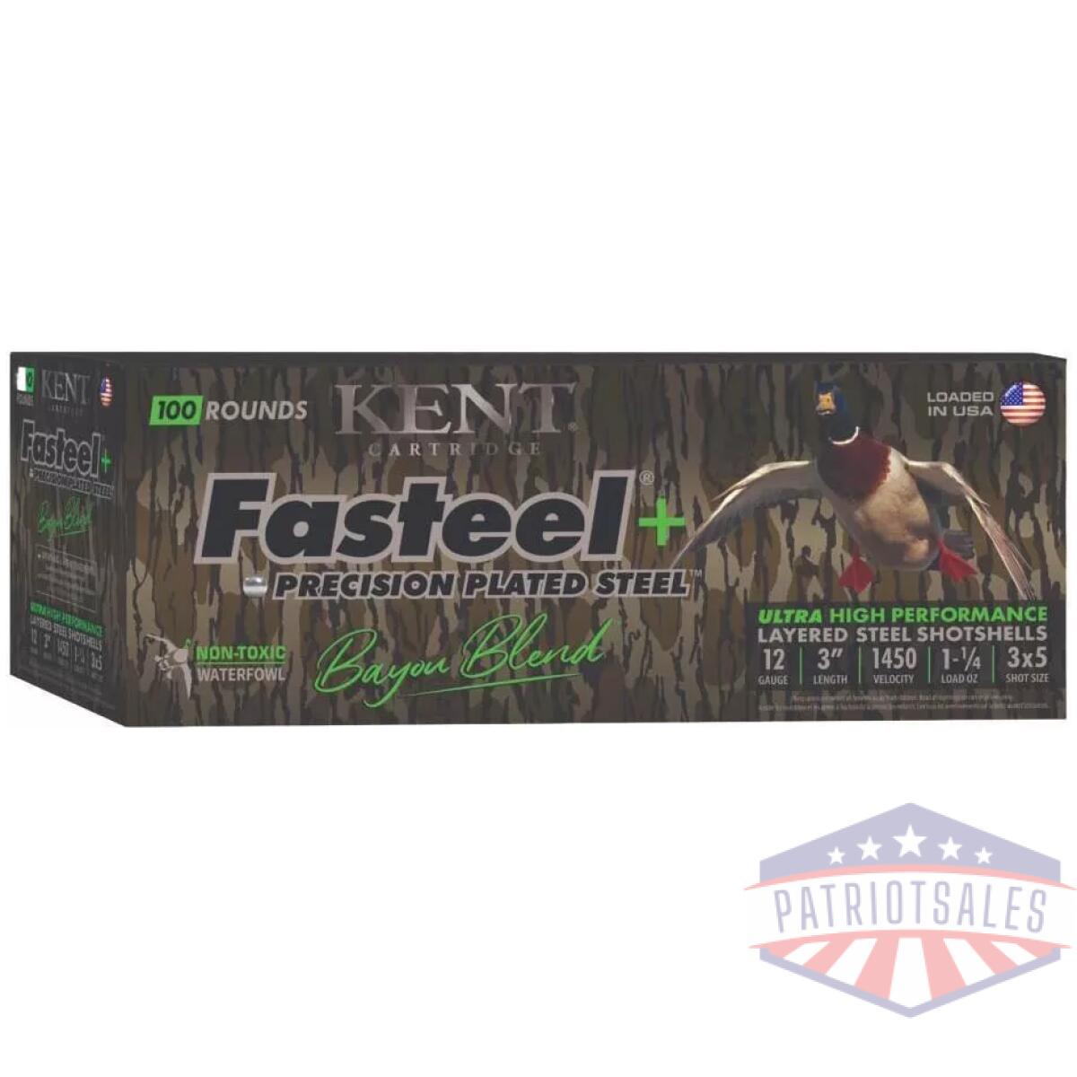 Kent fasteel+  precision plated steel bayou blend shotshells 12ga 3" 1-1/4oz 1450 fps  #3 & #5 100/ct - image 1