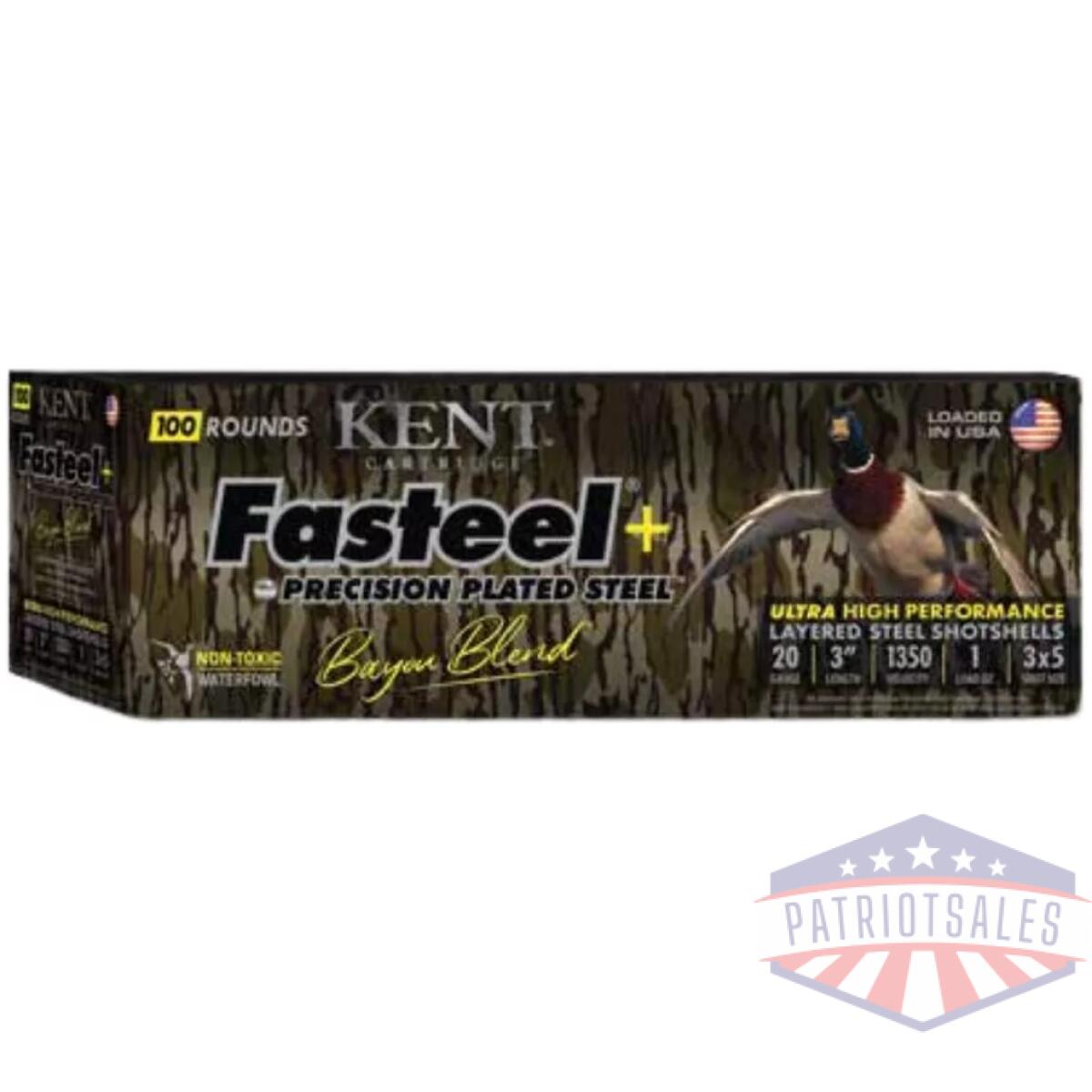 Kent fasteel+  precision plated steel bayou blend shotshells 20ga 3" 1oz 1350 fps #3 & #5 100/ct - image 1