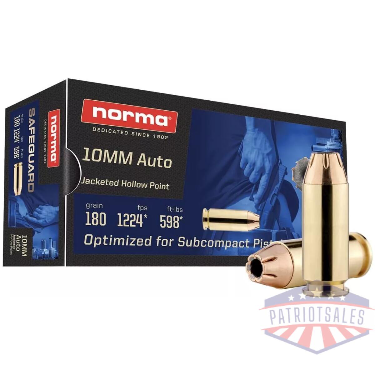 Norma safeguard handgun ammunition 10mm auto 180gr jhp 1224 fps 50/ct - image 1